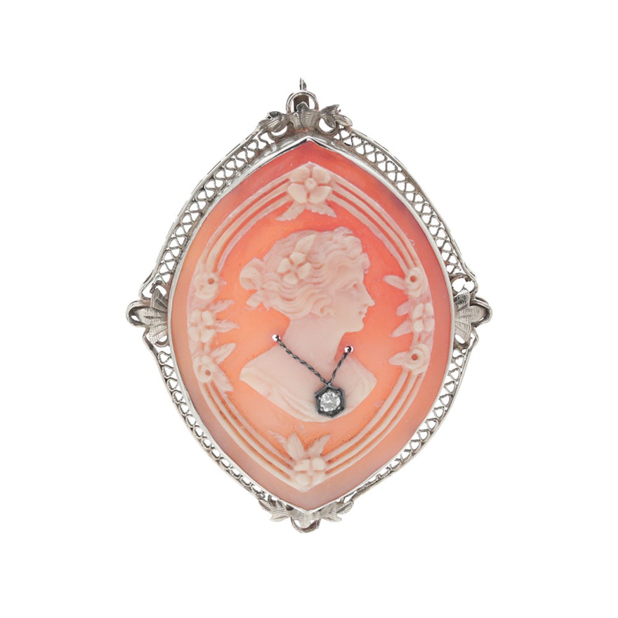 14K White Gold Vintage Cameo Habille Converter Brooch