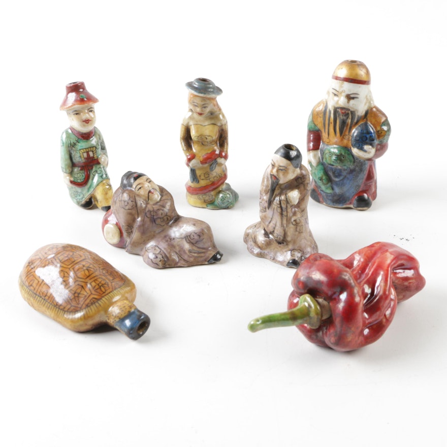 Seven Vintage Chinese Ceramic Snuff Bottles Including Figures and Hot Pepper