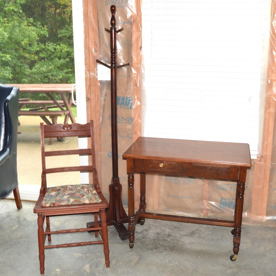 Antique Victorian Side Chair with Vintage Coat Rack and Writing Table