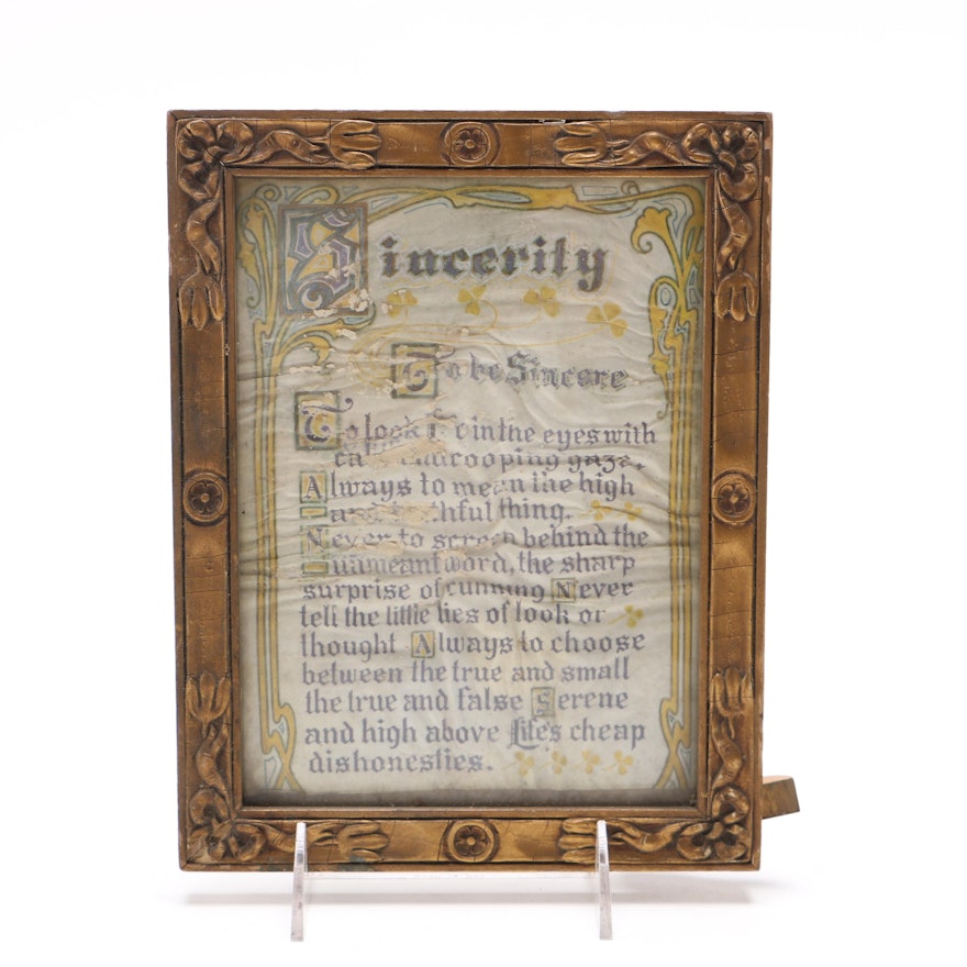 Gouache and Ink Hand Lettered Poem on Paper "Sincerity"