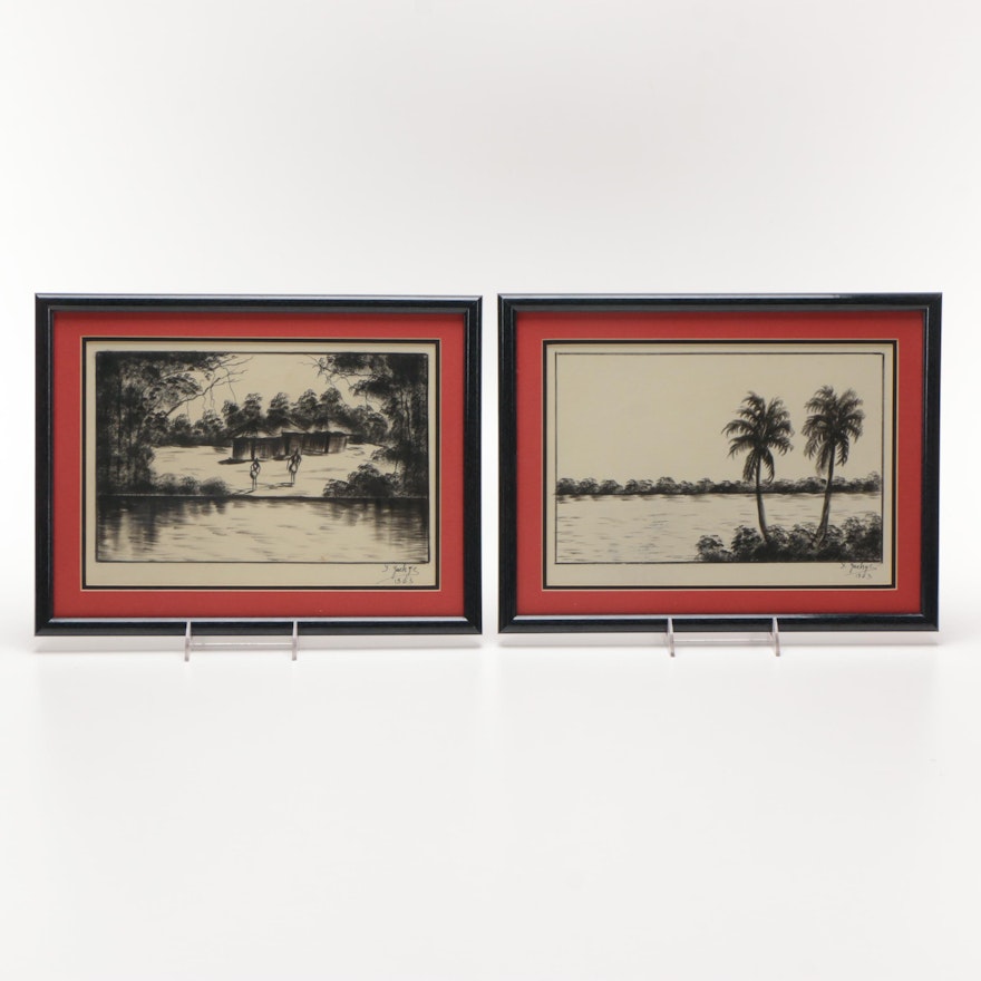 Two 1960s Ink Drawings of Tropical Landscapes