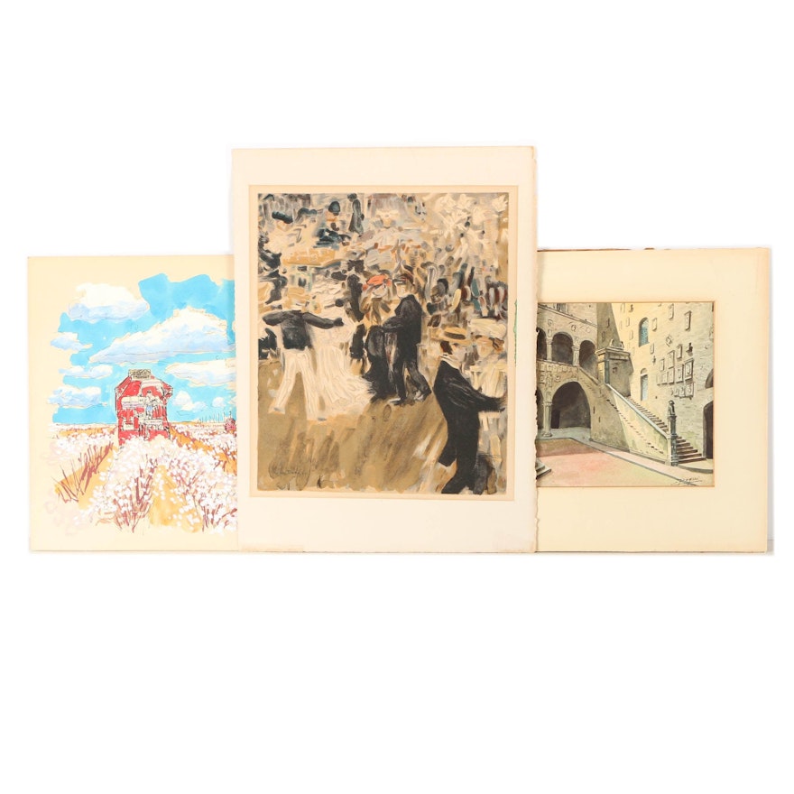 Watercolors and Kees van Dongen Chromolithograph "Bal en Plein Air"