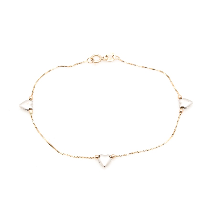 10K Two Tone Gold Heart Motif Station Bracelet