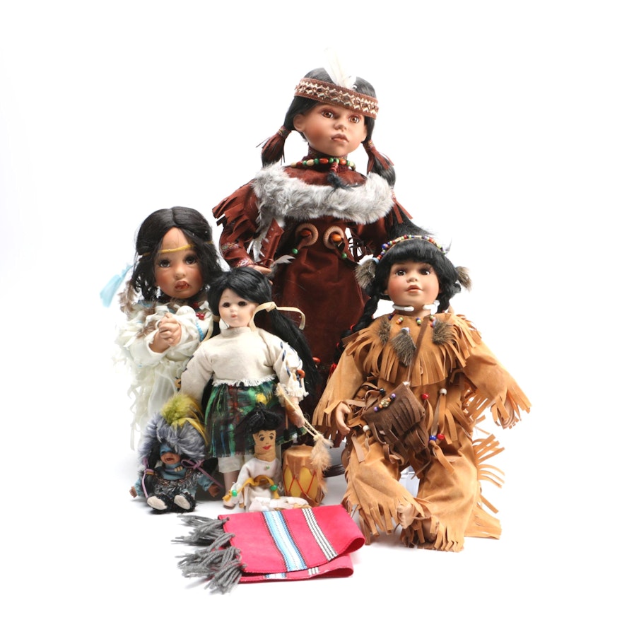 Porcelain Dolls in American Indian Style Outfits and More