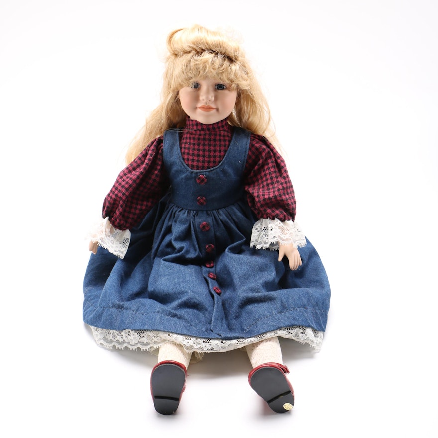 Porcelain Doll in Denim Jumper