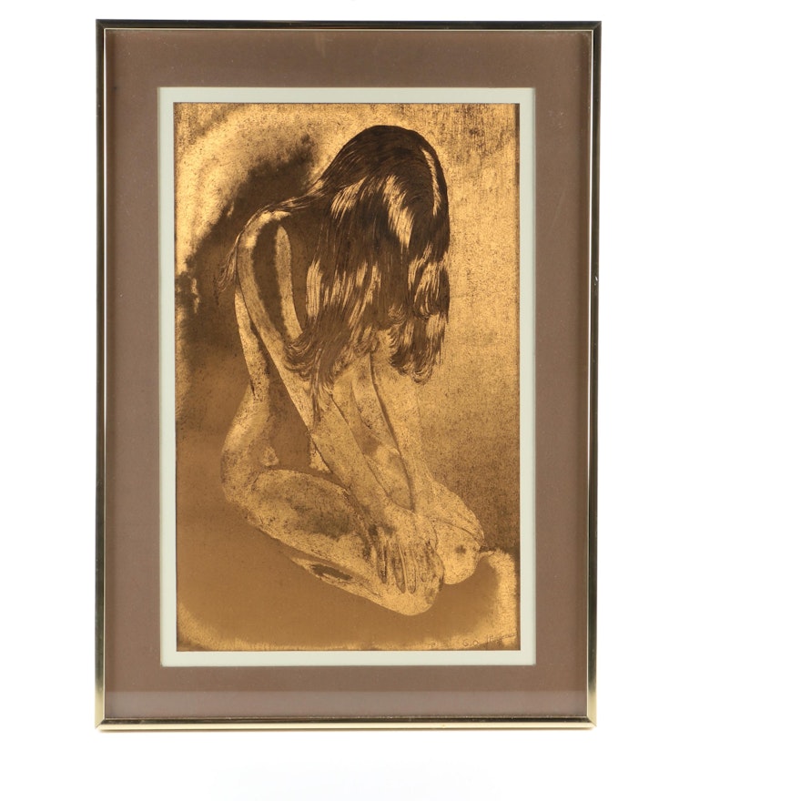 G. O. Angerand Signed Offset Lithograph on Foil of a Nude Woman