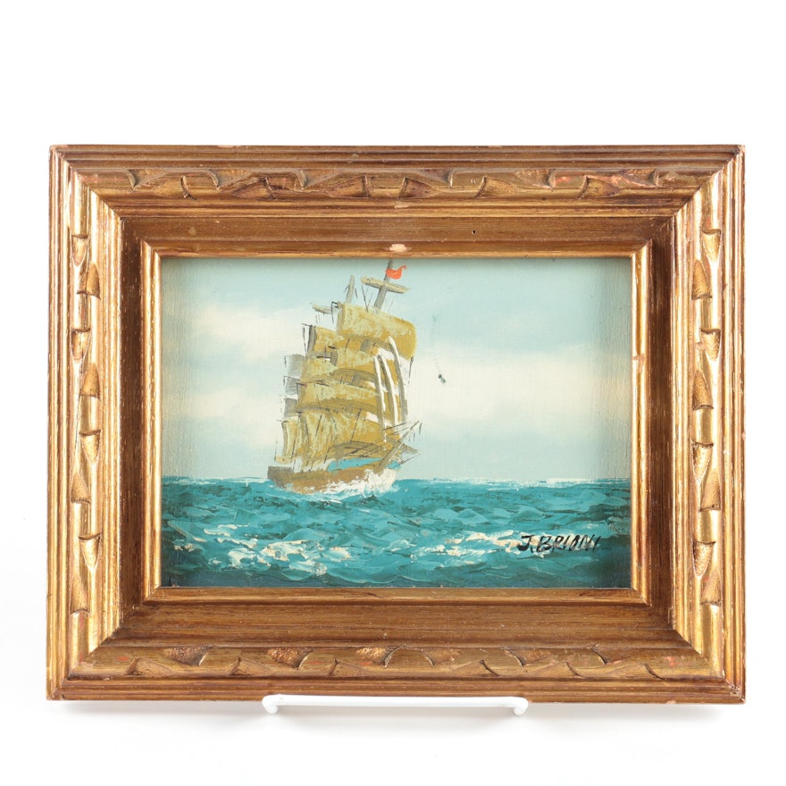 J. Brioni Oil Painting on Wood Panel of Clipper Ship at Sea