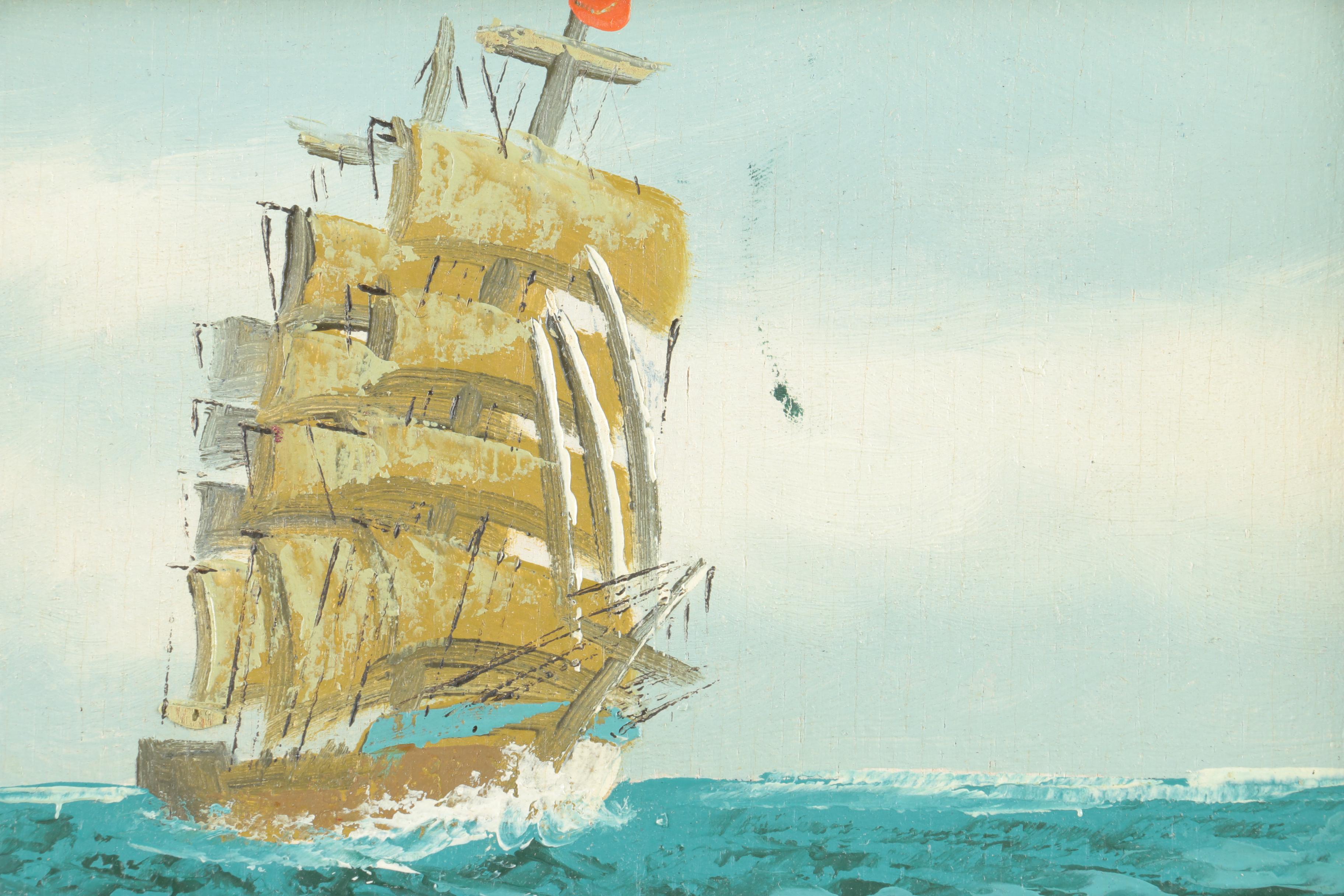 J. Brioni Oil Painting on Wood Panel of Clipper Ship at Sea
