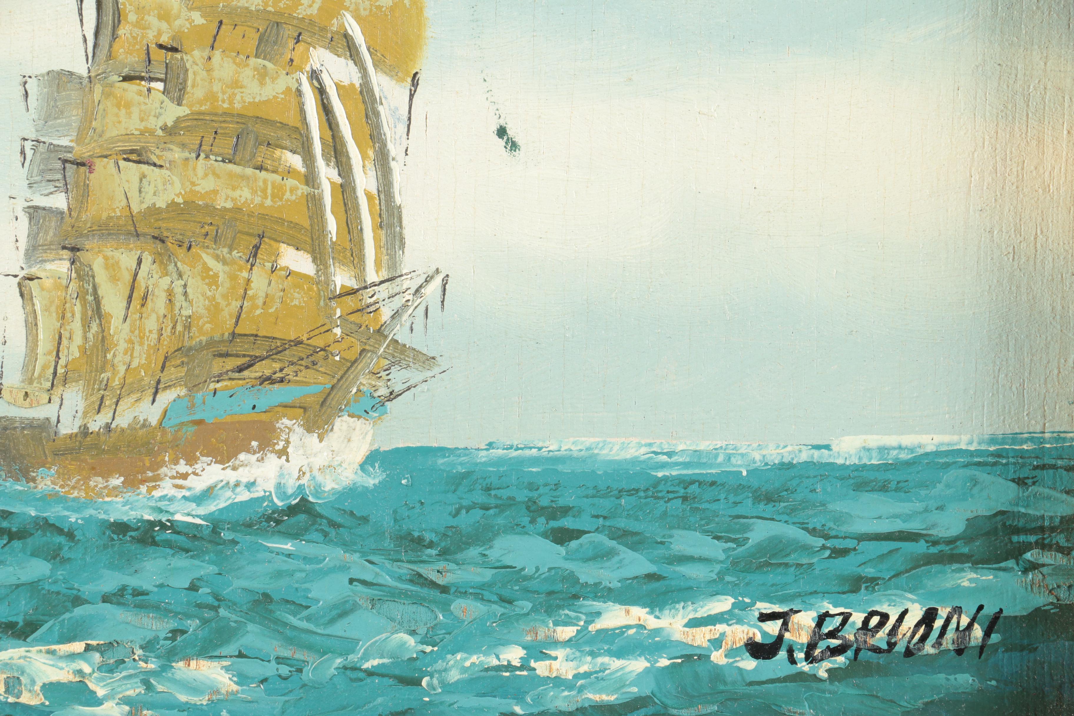 J. Brioni Oil Painting on Wood Panel of Clipper Ship at Sea