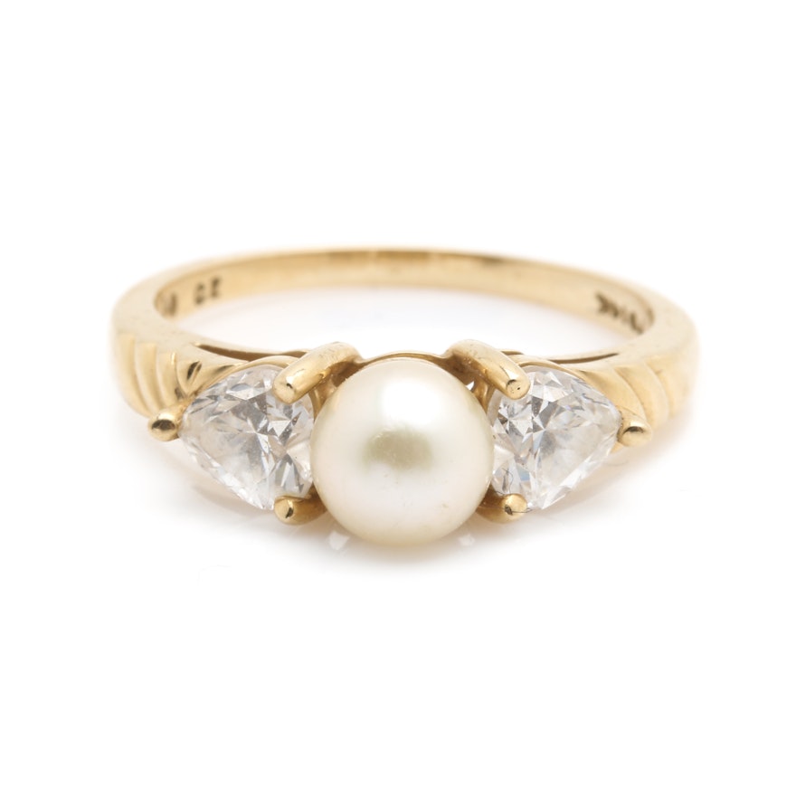 14K Yellow Gold Pearl and Cubic Zirconia Ring