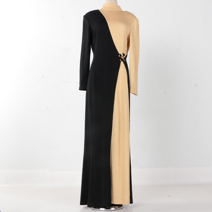 St. John Knit Evening Black and Tan Full Length Knit Dress