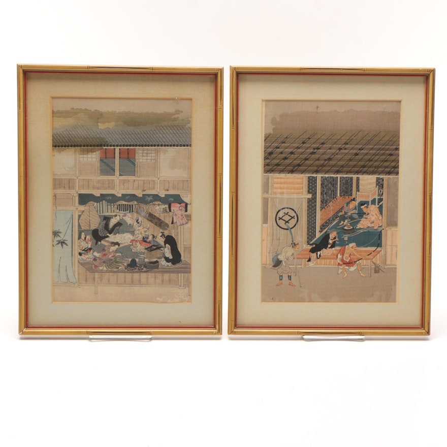 After Mitsuoki Tosa Woodblock Prints on Paper "A Furier" and "A Bow-Maker"