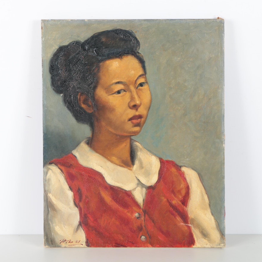 1955 Peter Tro Oil on Canvas Portrait Painting of a Woman