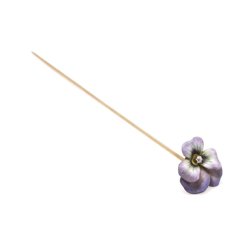 14K Yellow Gold and Diamond Floral Hatpin