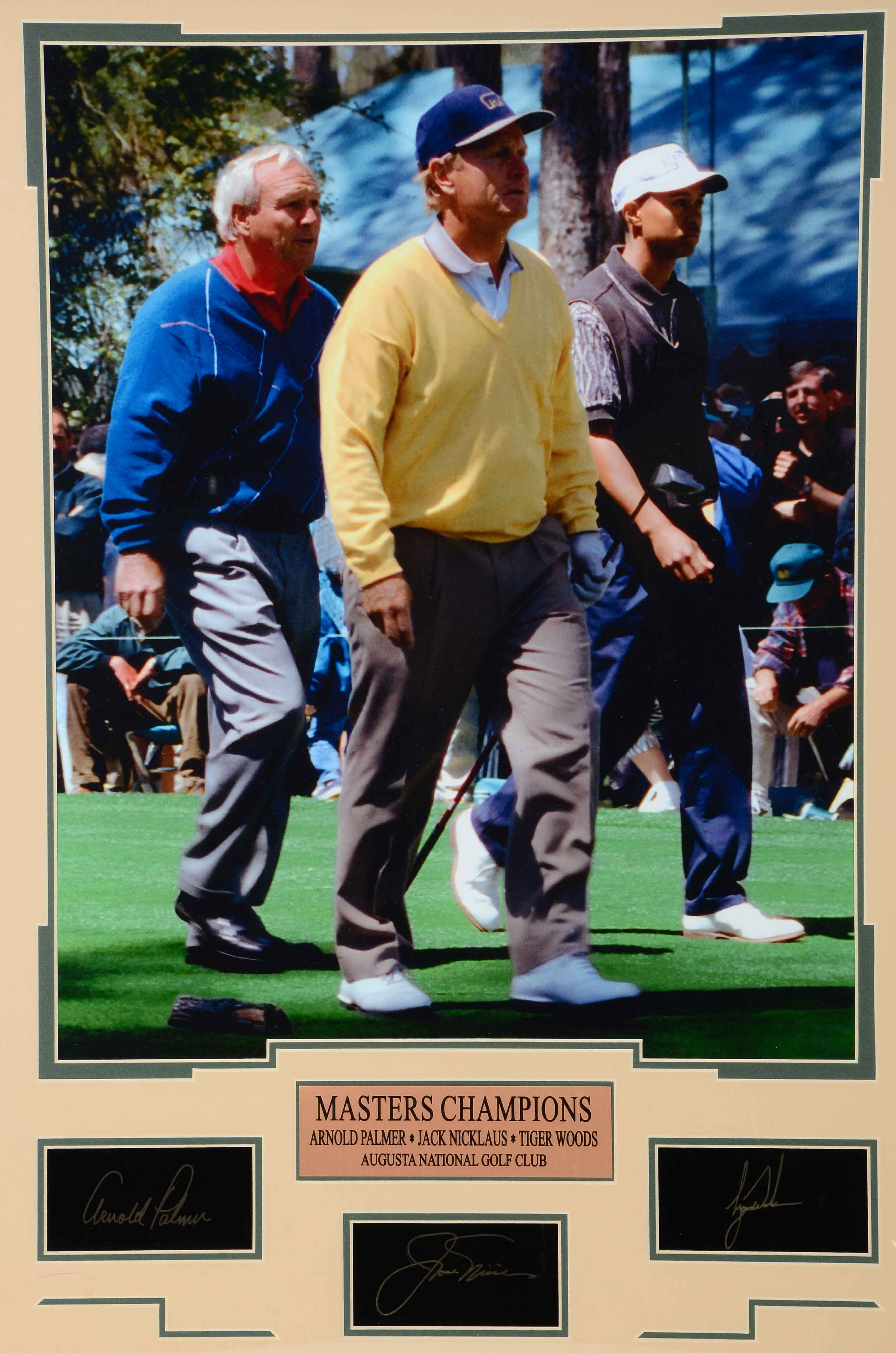 "Masters Champions" Nicklaus, Palmer, and Woods Framed PGA Golf Display