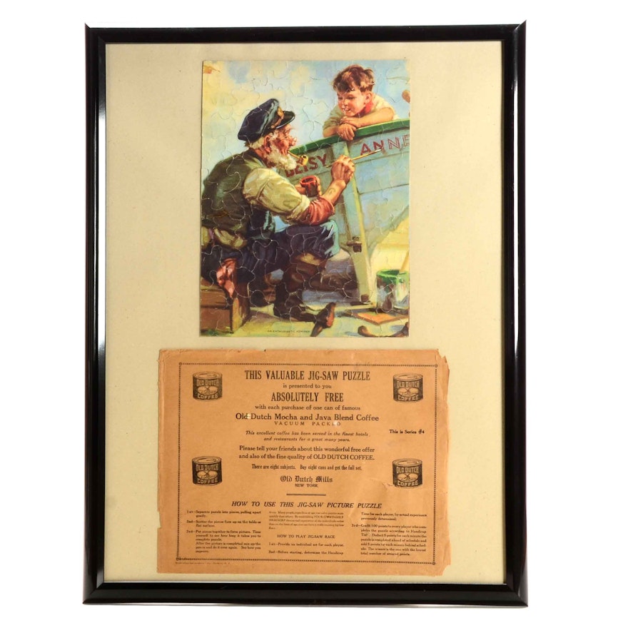 1940s/50s "Old Dutch Coffee" Framed Advertisement With Premium Jigsaw Puzzle