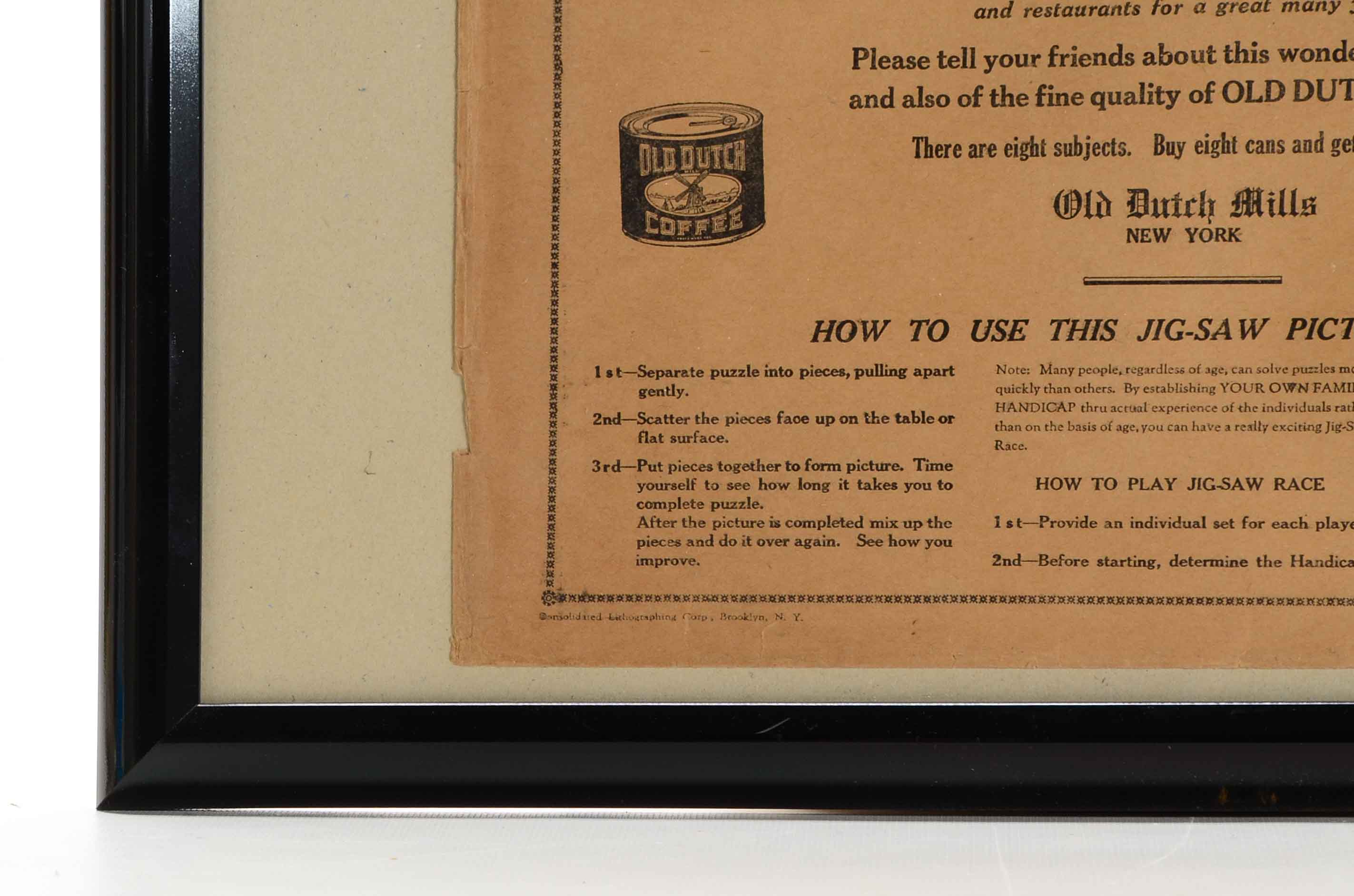 1940s/50s "Old Dutch Coffee" Framed Advertisement With Premium Jigsaw Puzzle