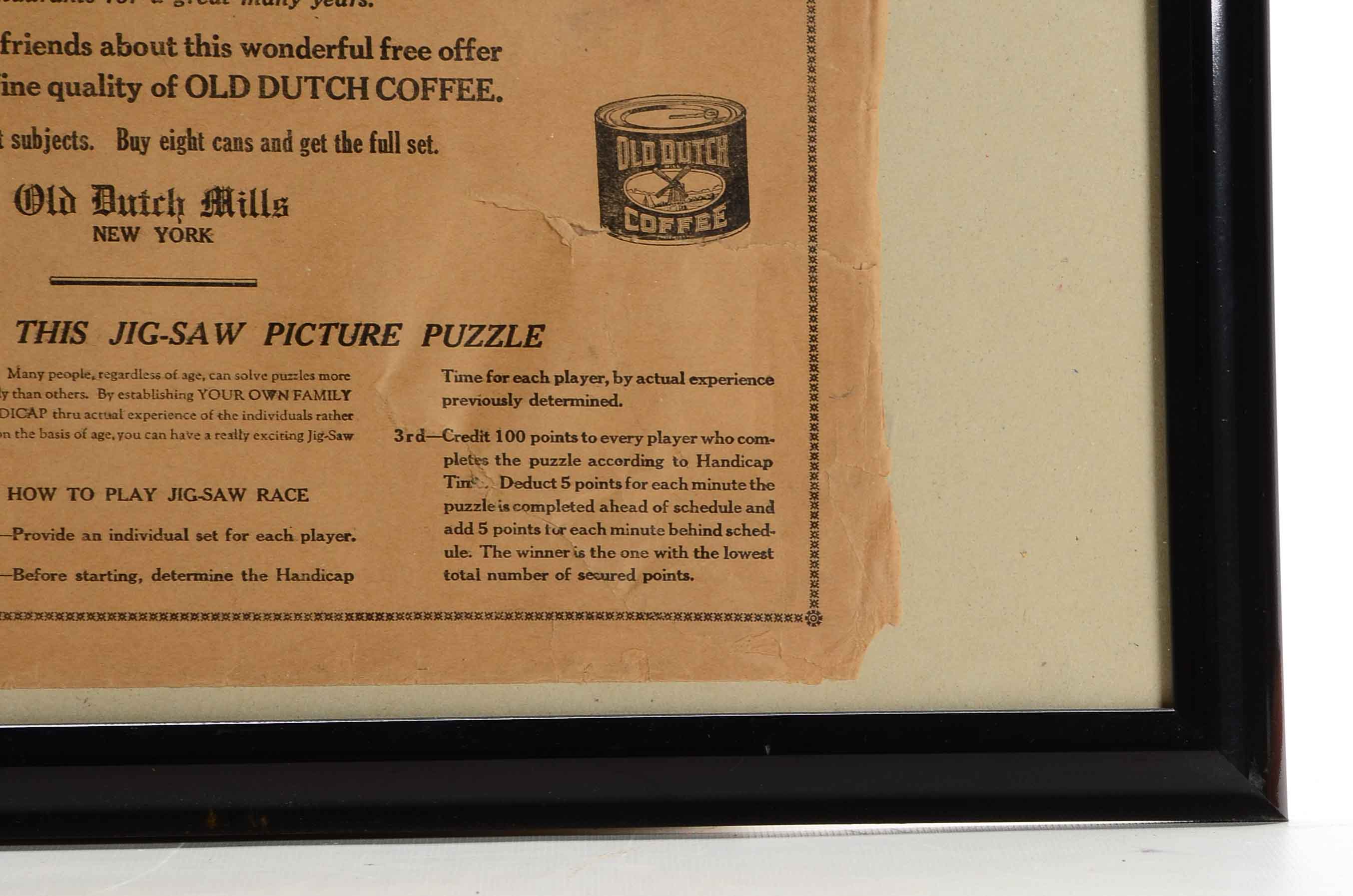 1940s/50s "Old Dutch Coffee" Framed Advertisement With Premium Jigsaw Puzzle