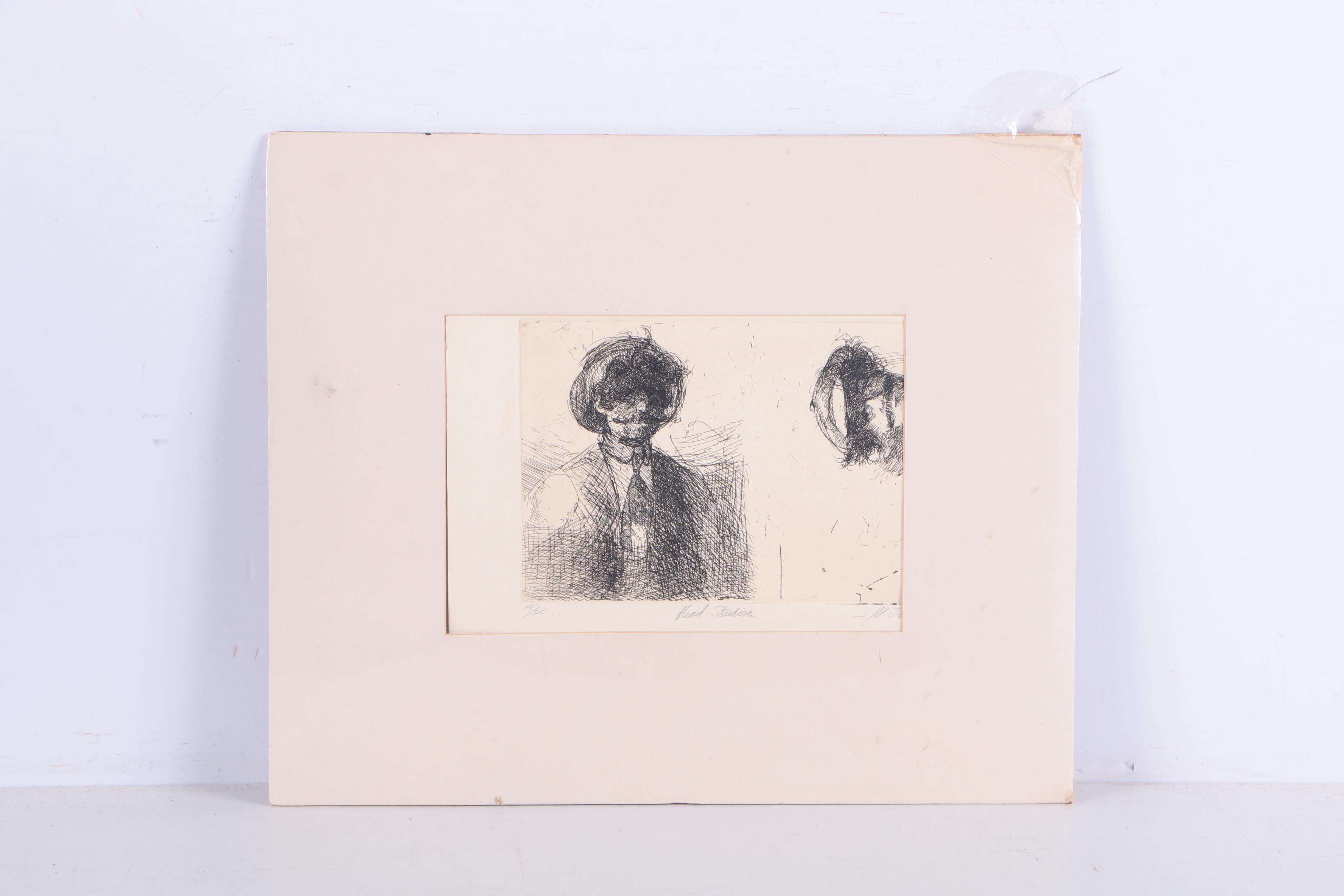 Michael Louis Jacques Etchings "Head Studies" and a Man in Bed