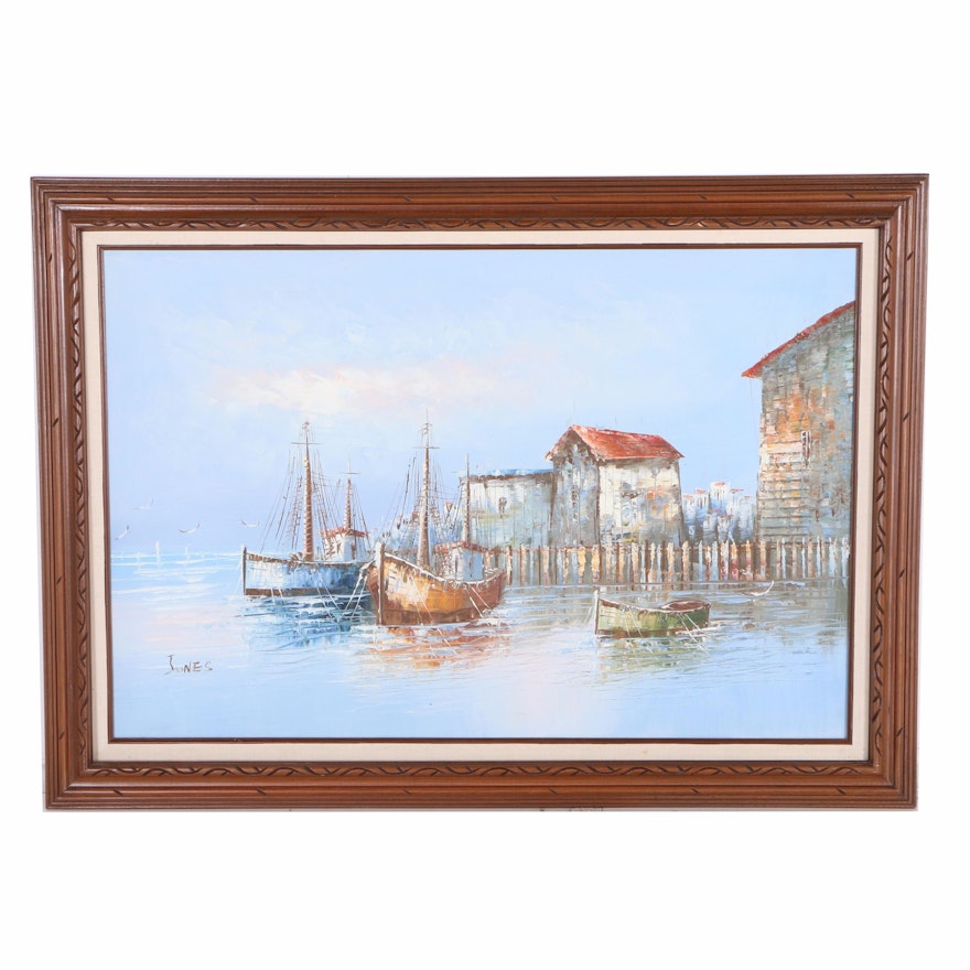 Oil Painting of Fishing Boats in Harbor