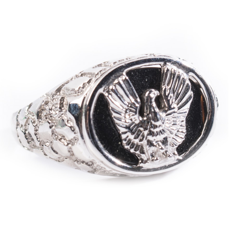 10K White Gold Onyx Ring with Eagle