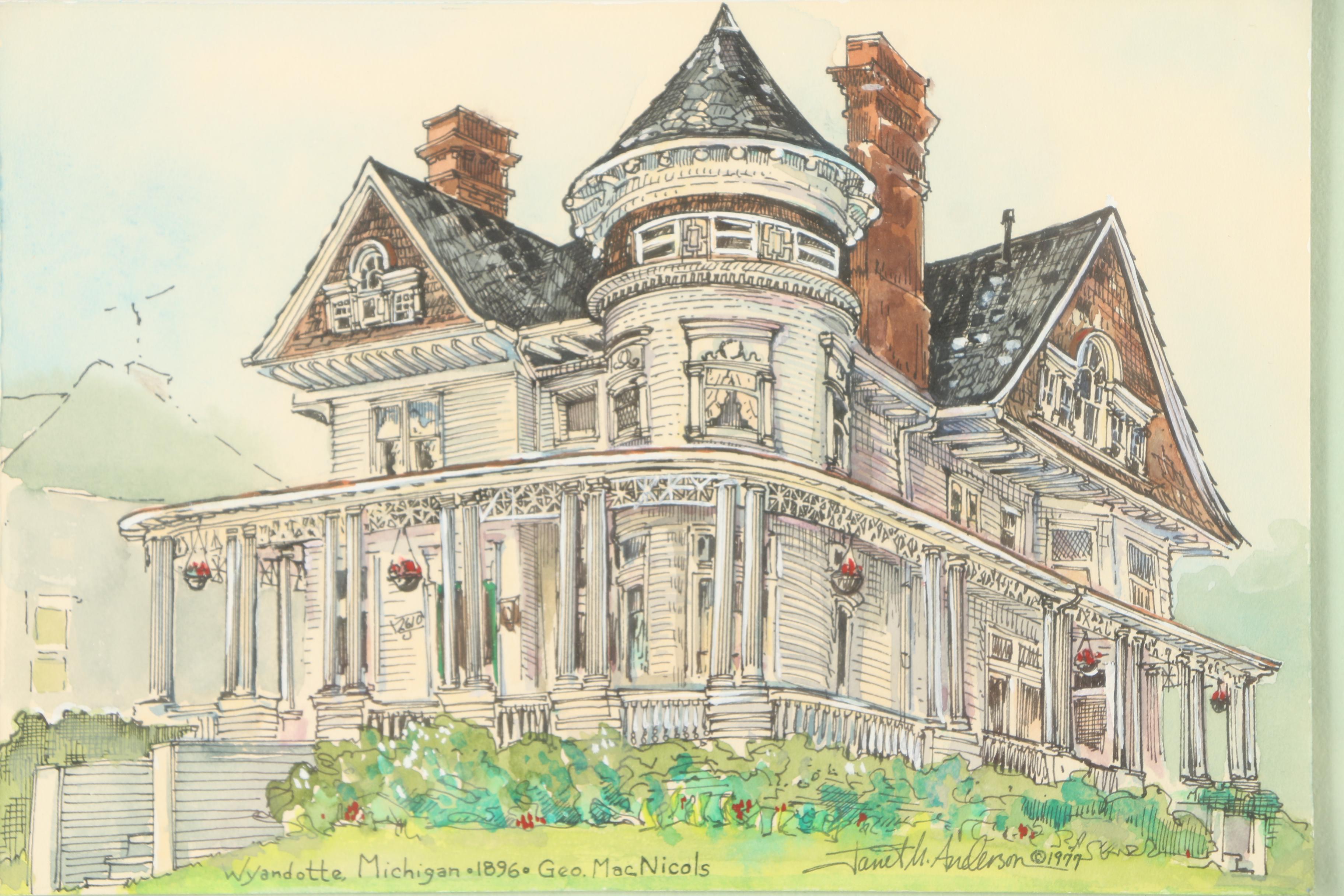Janet M. Anderson Ink and Watercolor Painting of George P. MacNichol House