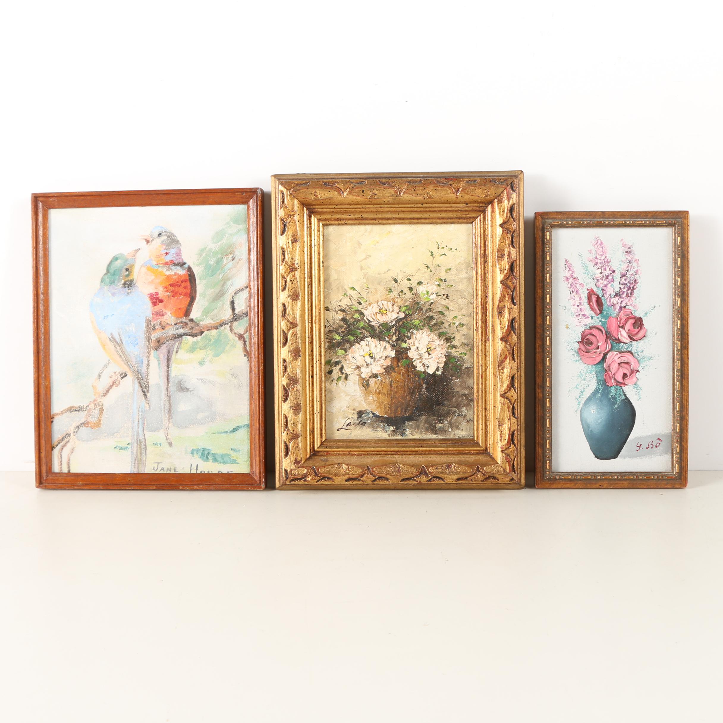 Oil Paintings of Floral Arrangements and Birds