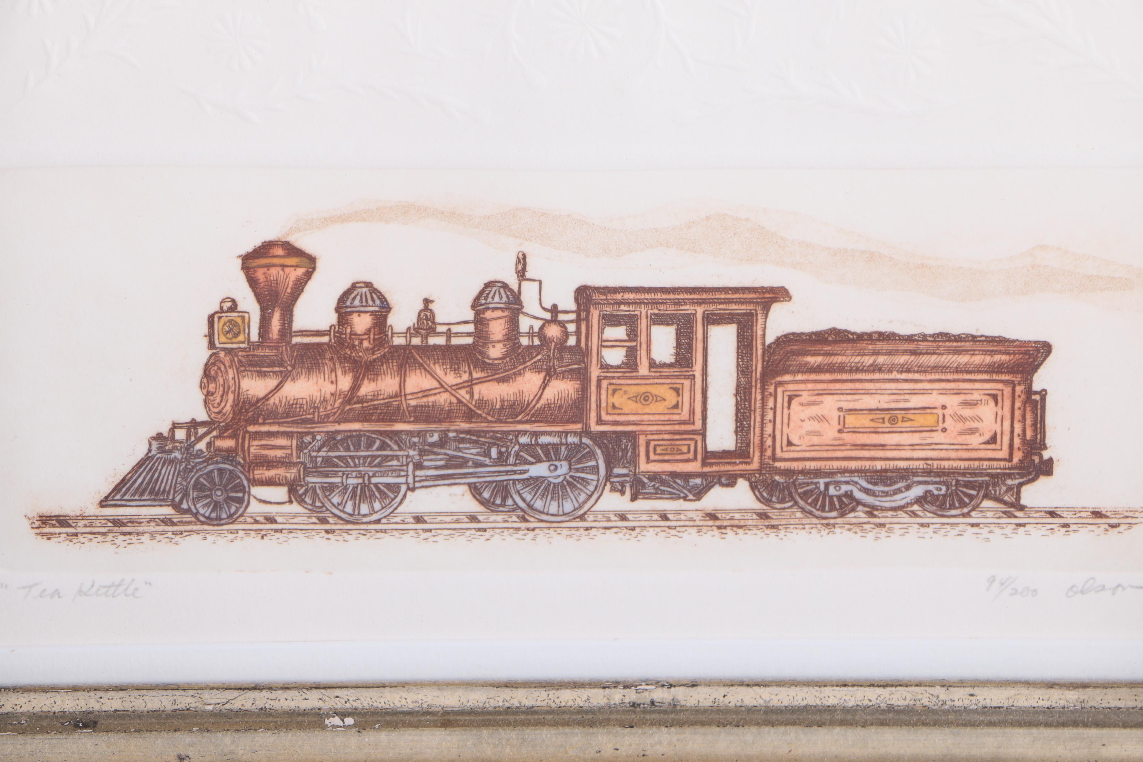 Olson Limited Edition Train Etchings with Embossing "999" & "Tea Kettle"