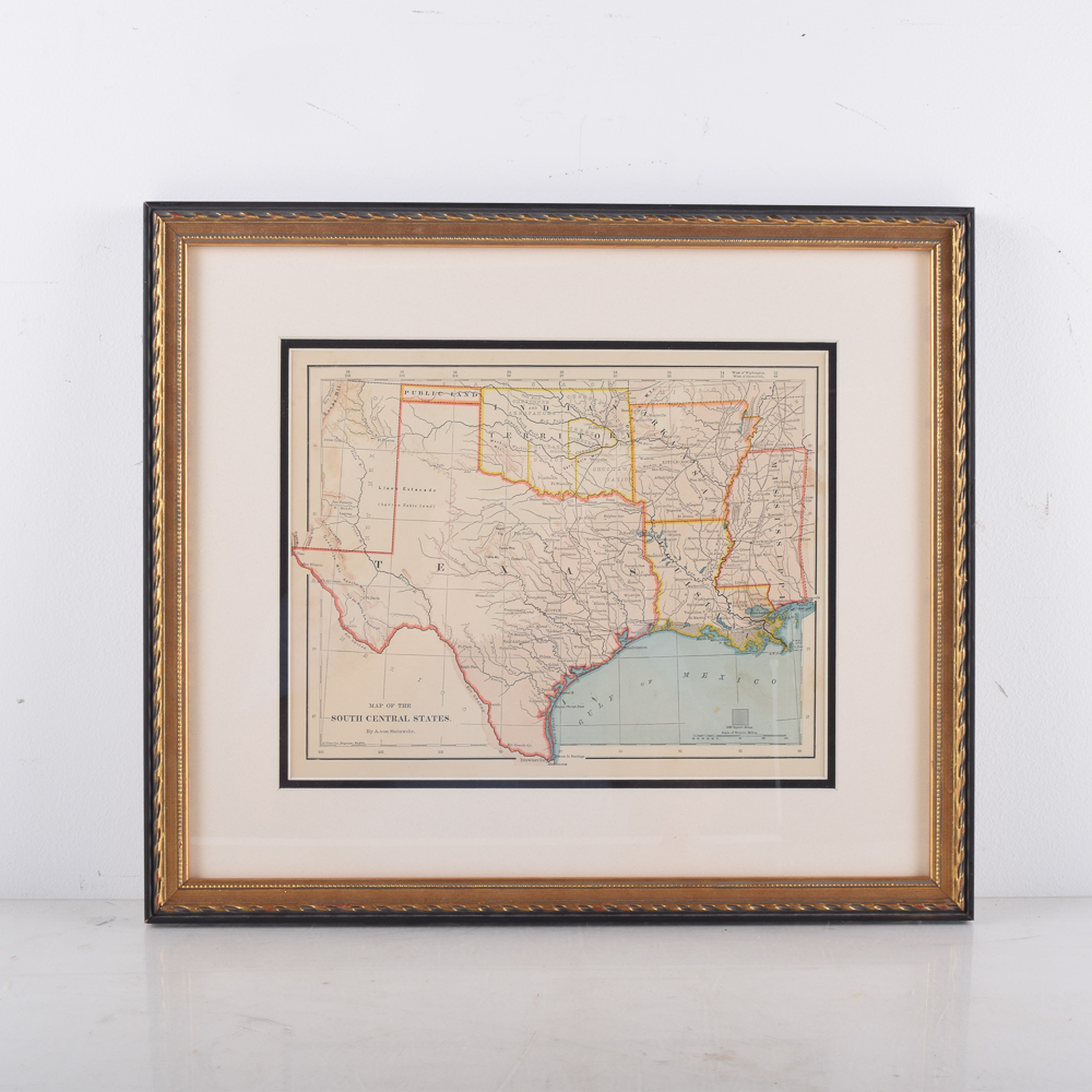 Framed 1872 Map of the South Central States