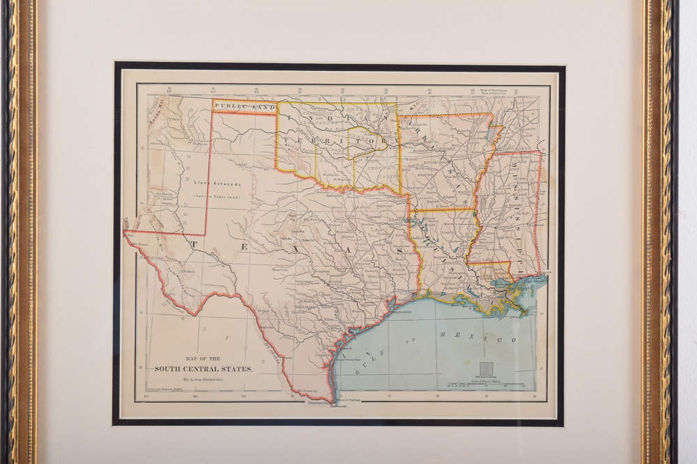 Framed 1872 Map of the South Central States