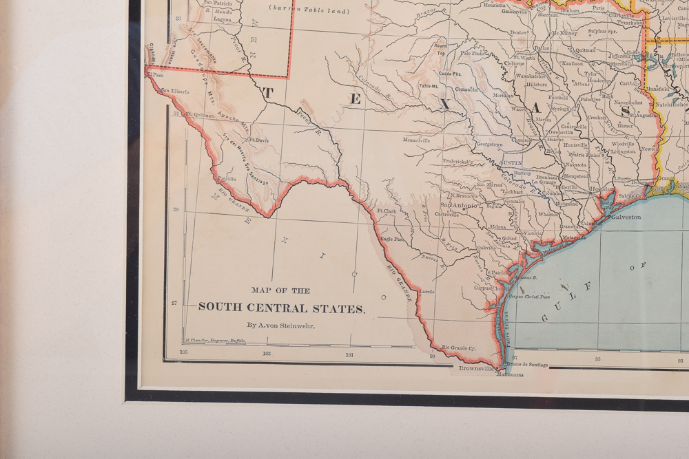 Framed 1872 Map of the South Central States