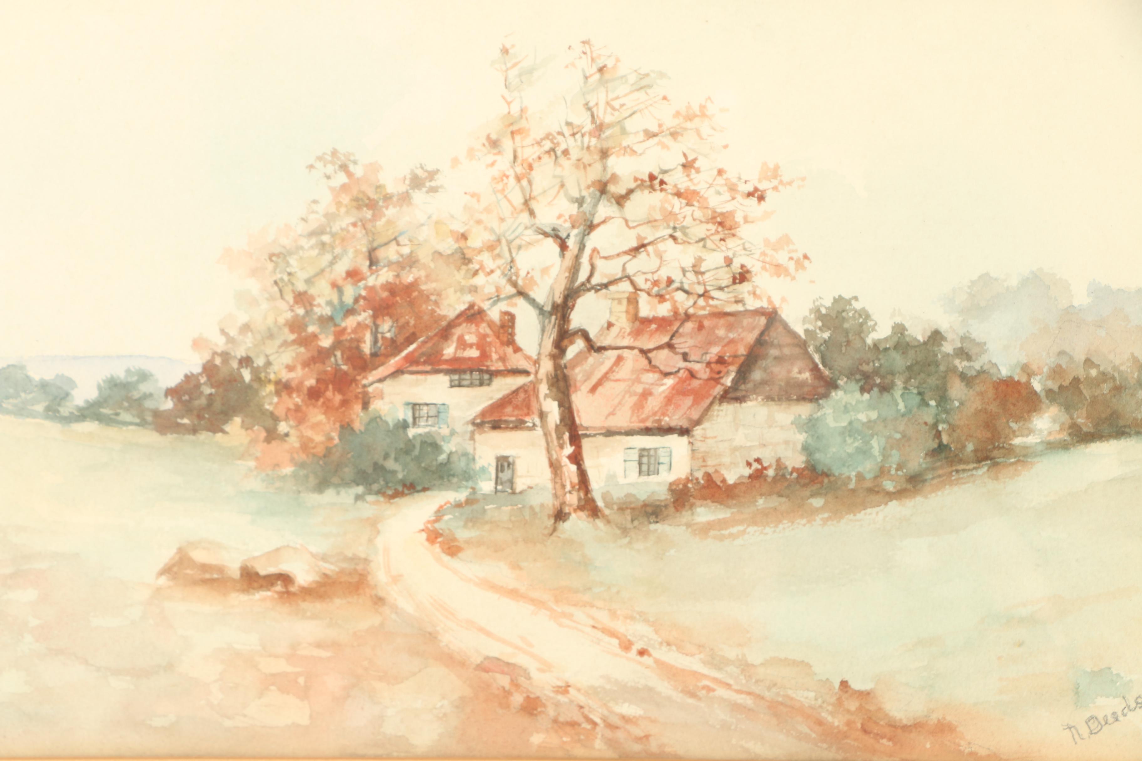 N. Deeds Watercolor Painting of Countryside House