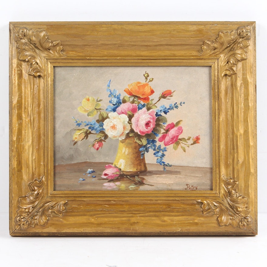 Victor Petry Oil on Canvas Board of Floral Still Life