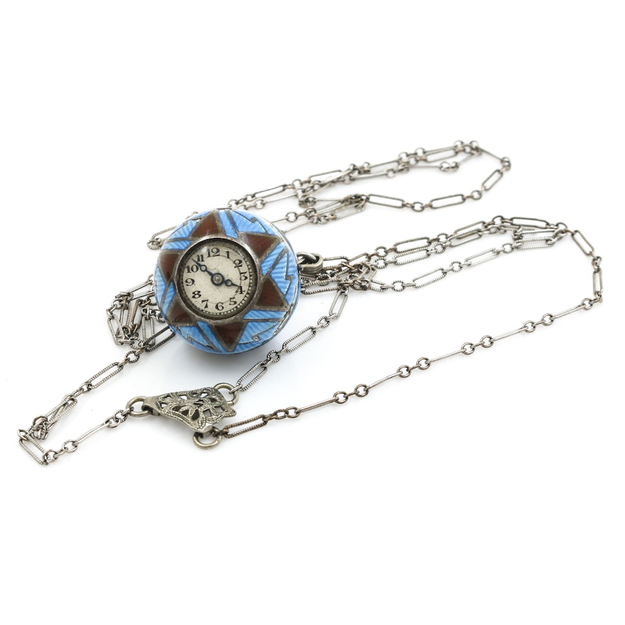 Sterling Silver Enamel Pendant Watch Necklace