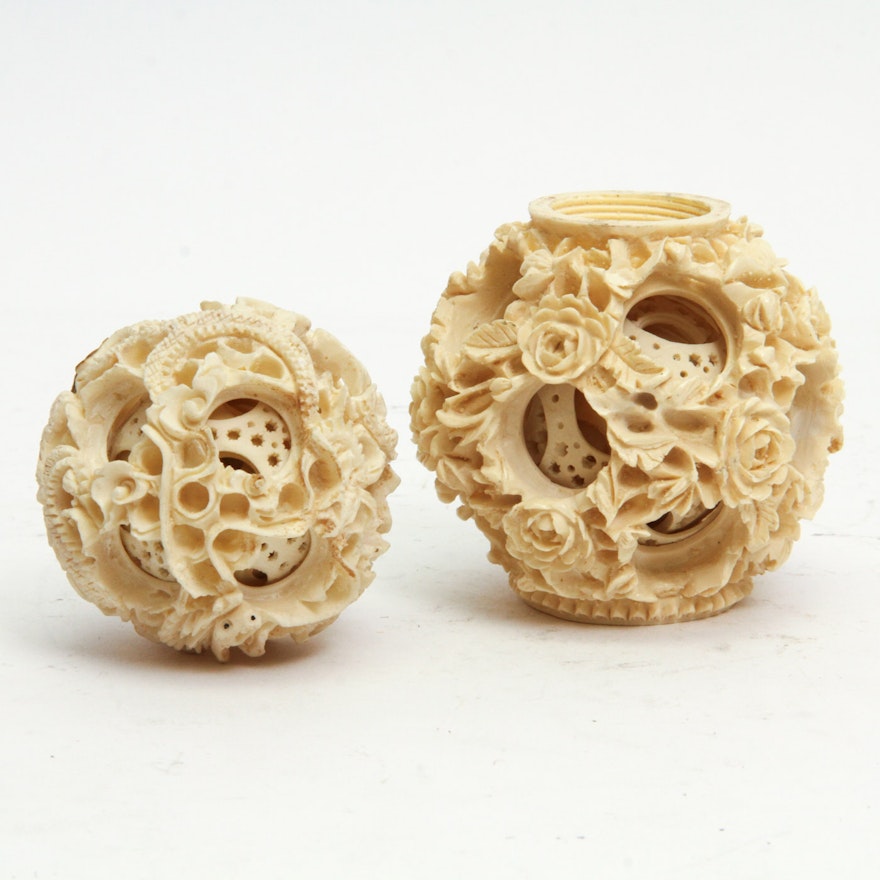 Collection of Two Resin Chinese Puzzle Balls