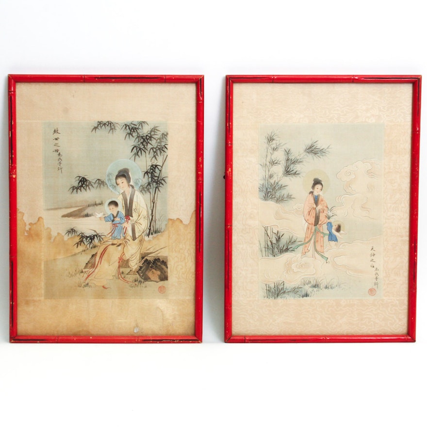 Pair of Chinese Madonna and Child Watercolor Paintings on Silk