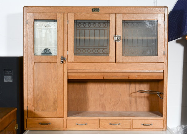 Vintage Oak Hoosier Cabinet with Porcelain Enamel Surface