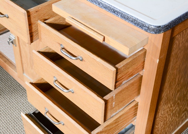 Vintage Oak Hoosier Cabinet with Porcelain Enamel Surface