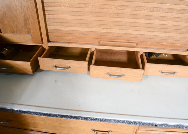 Vintage Oak Hoosier Cabinet with Porcelain Enamel Surface