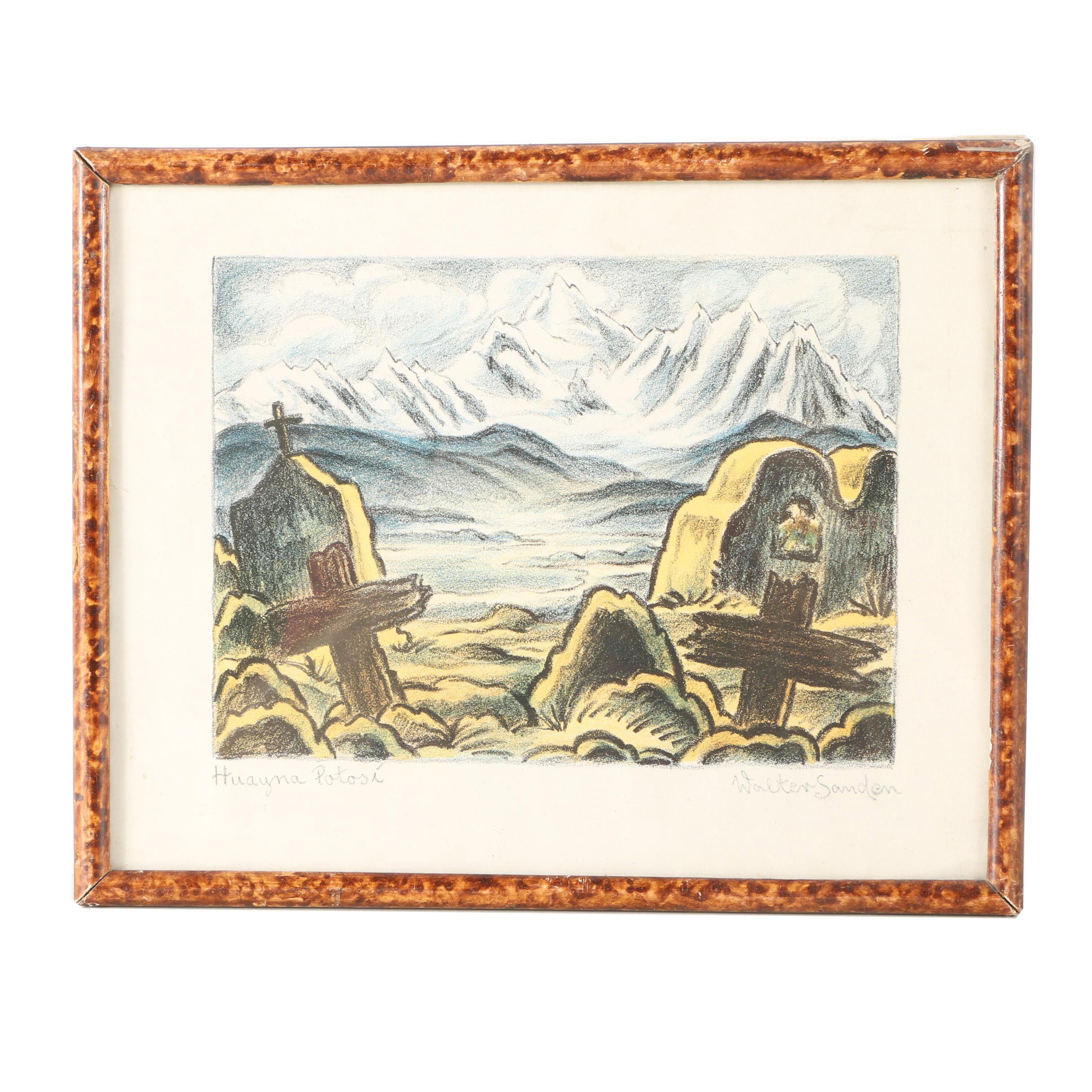 Lithograph Print on Paper After Walter Sanden "Huayna Potsi"