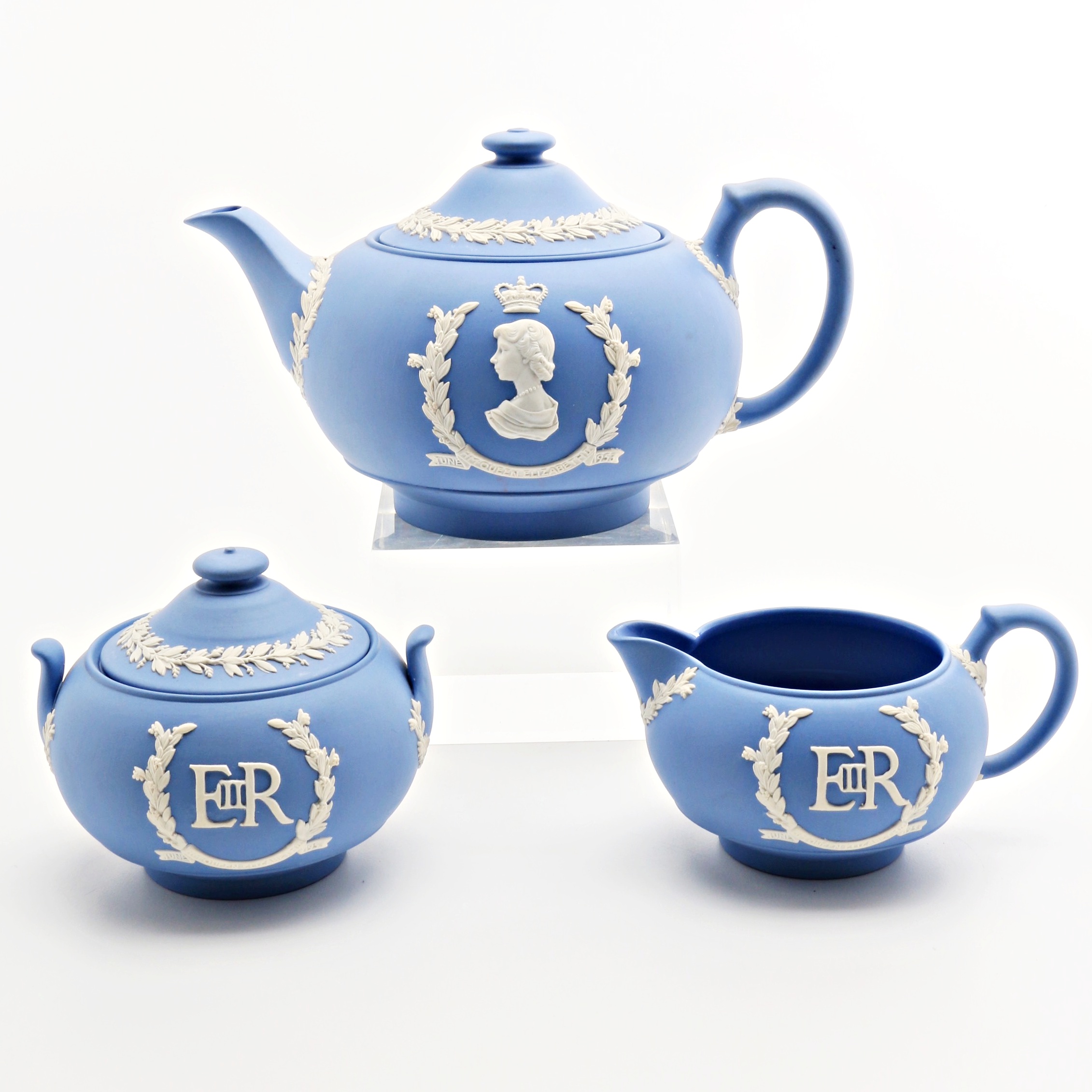 1953 Commemorative  Wedgwood Jasperware Tea Pot, Sugar Bowl and Creamer