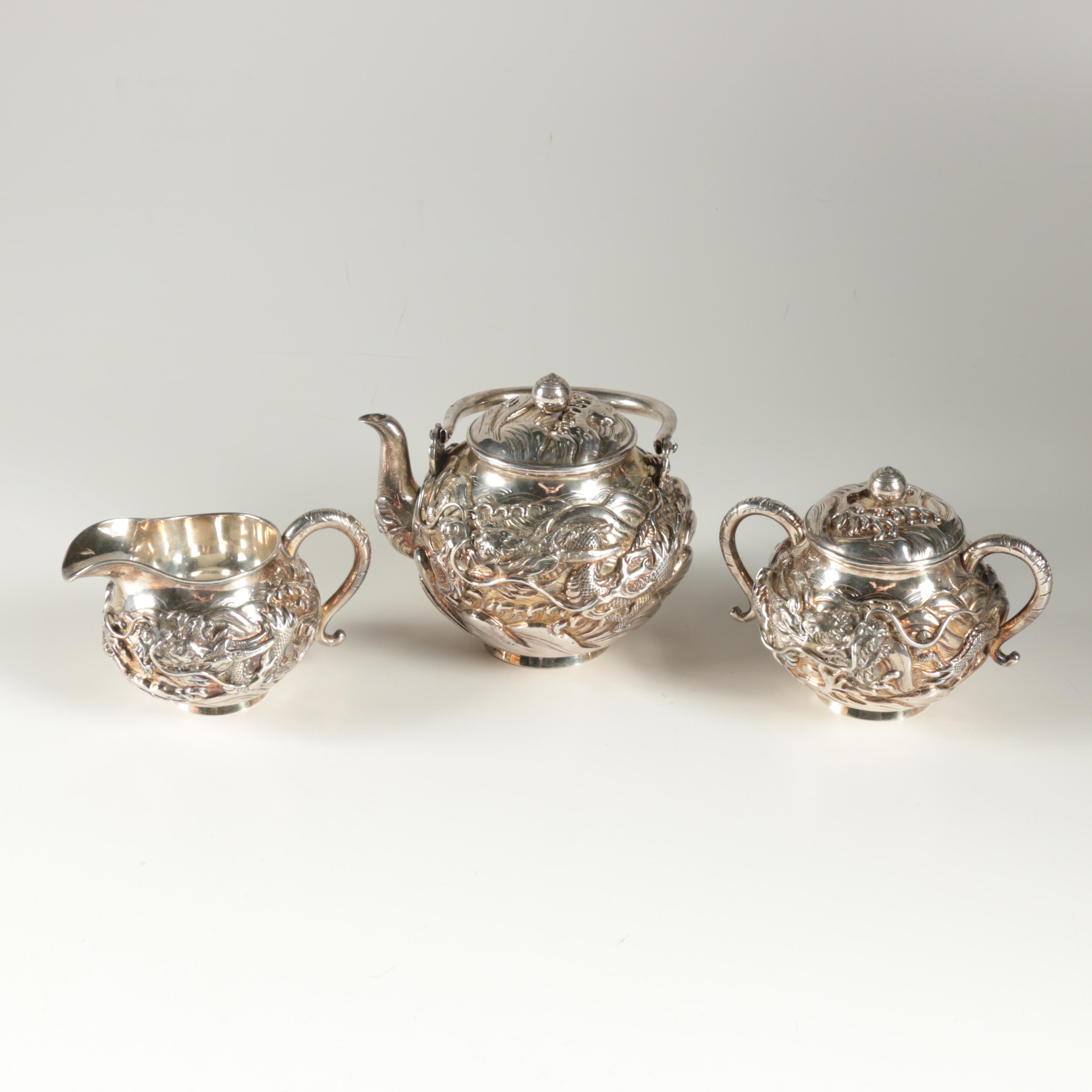 Ornate Japanese Watanabe Sterling Silver Tea Set with Water Dragon Motif