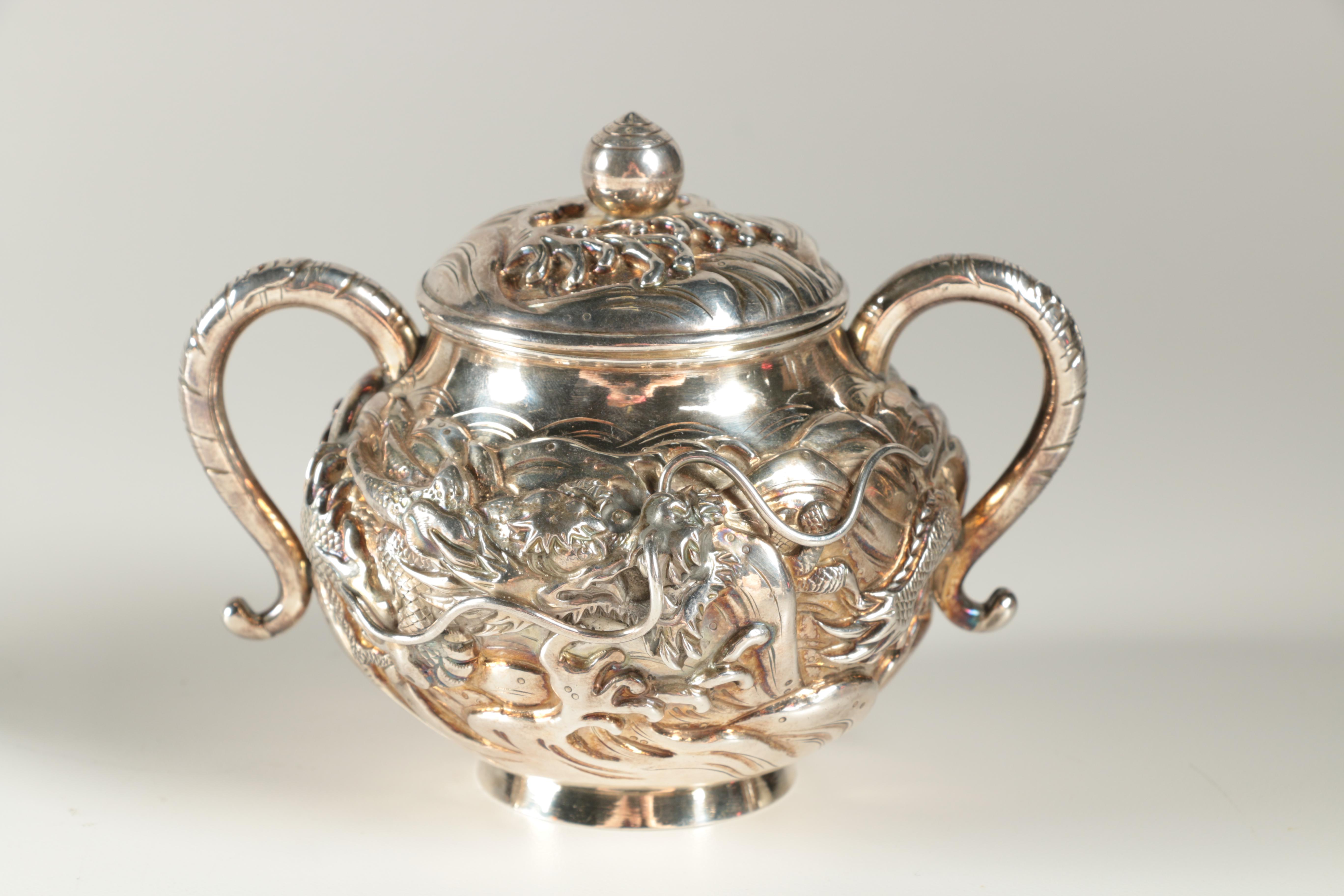 Ornate Japanese Watanabe Sterling Silver Tea Set with Water Dragon Motif
