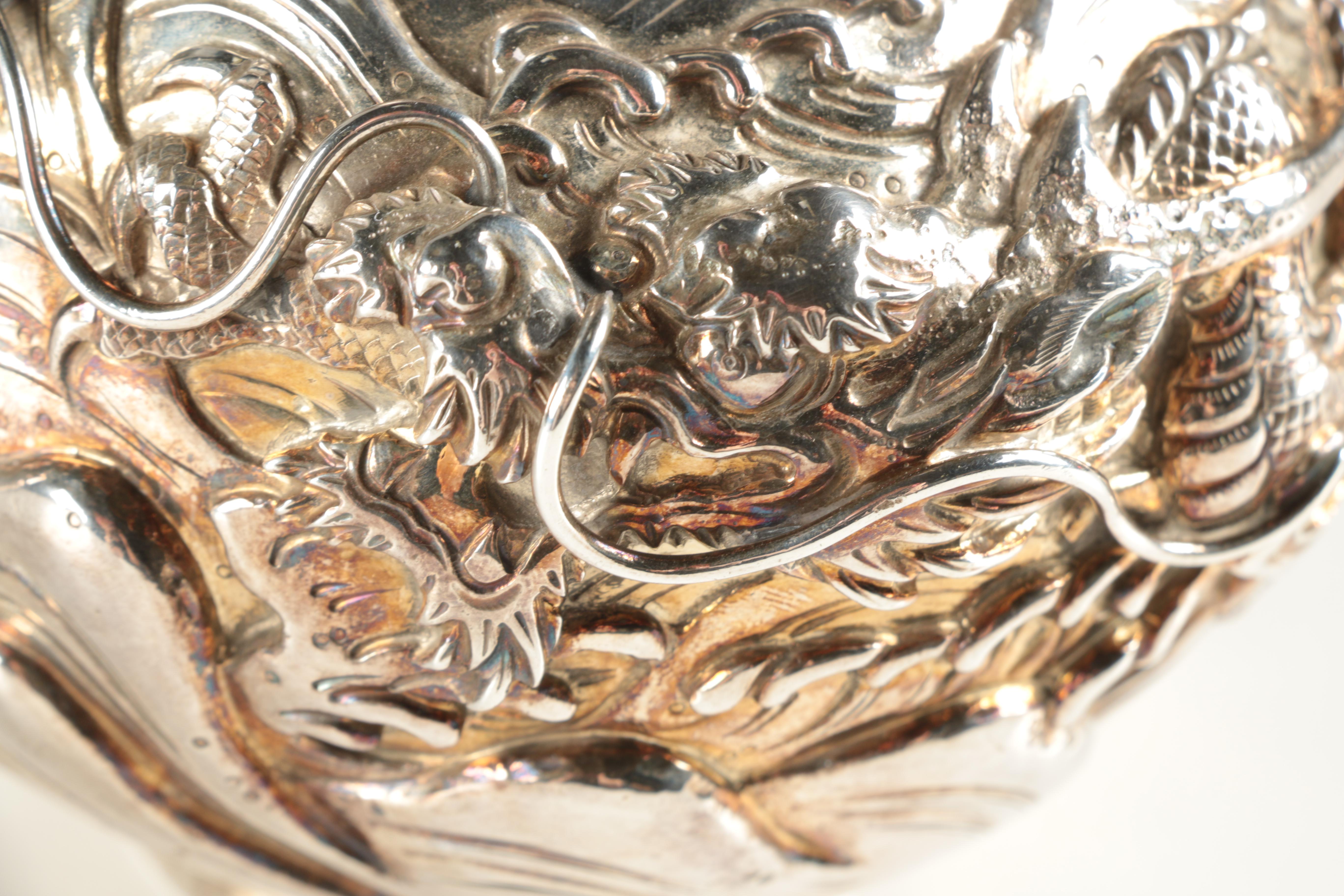 Ornate Japanese Watanabe Sterling Silver Tea Set with Water Dragon Motif