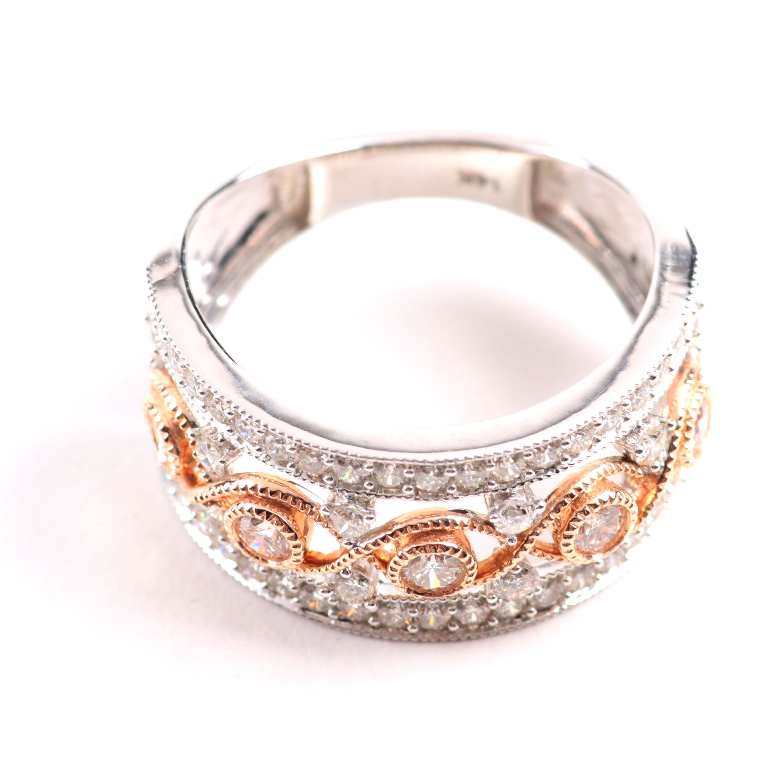14K White Gold Filigree Band with Diamonds and Rose Gold Accent