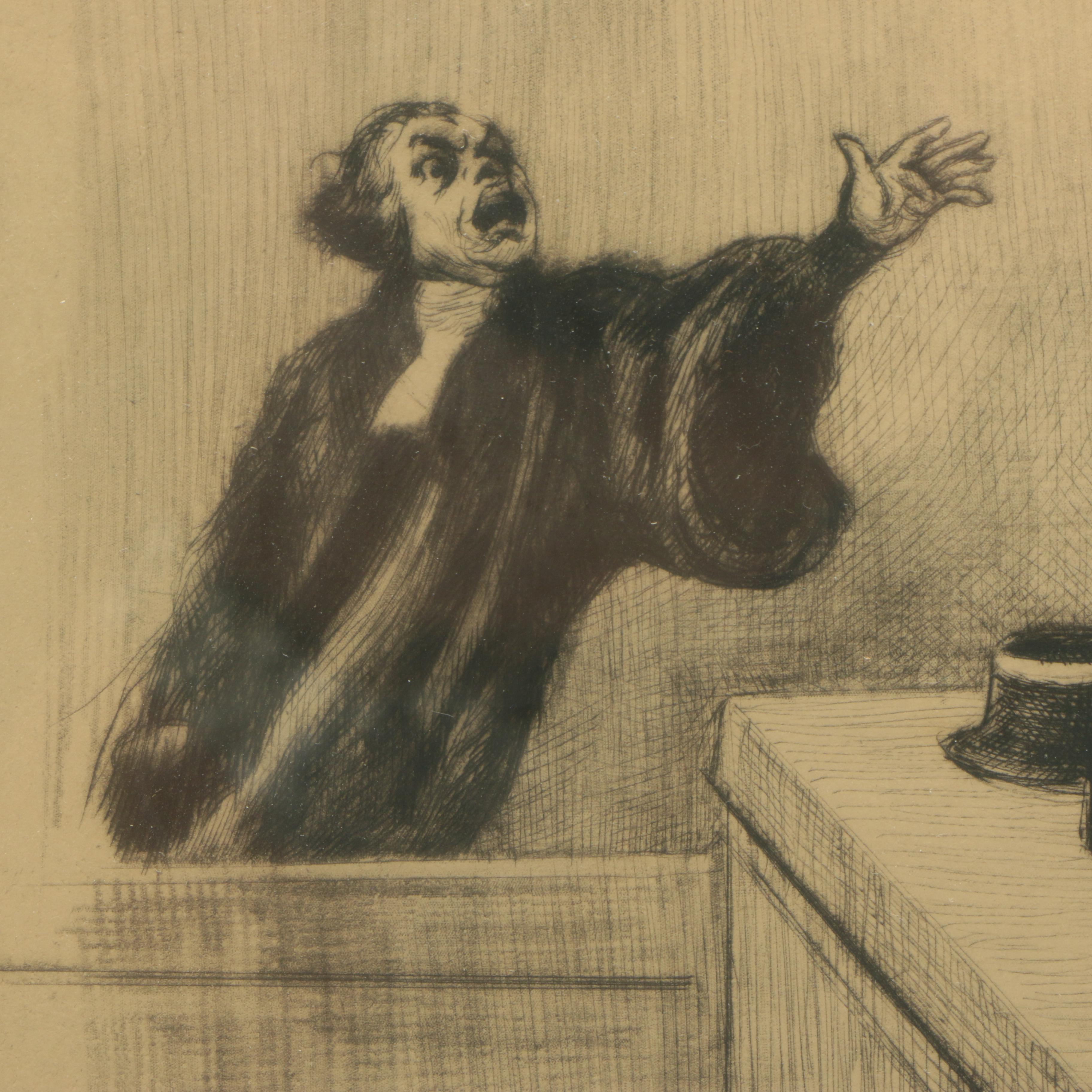Honoré Daumier Lithograph and Intaglio Caricature Prints of Courtroom Scenes
