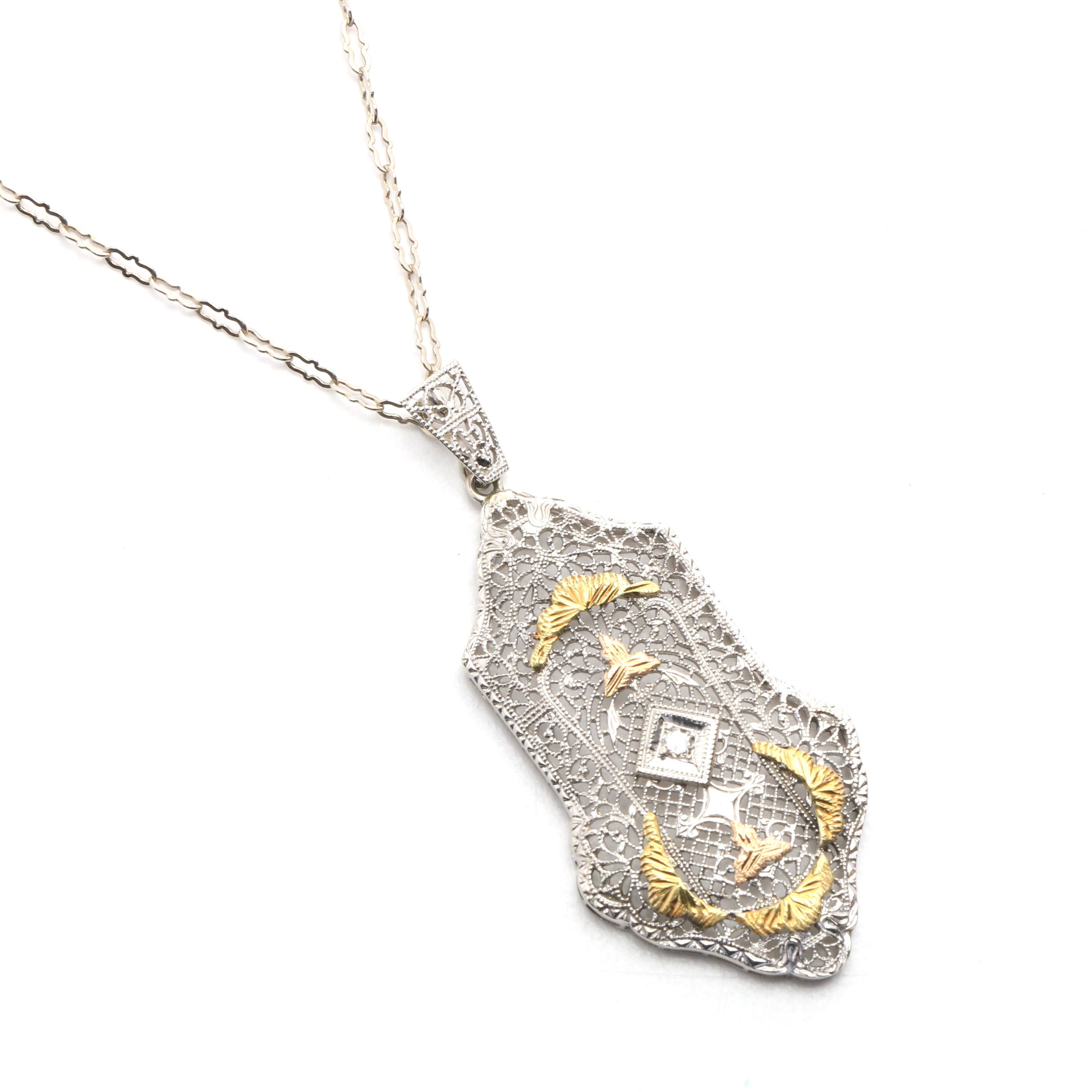 Edwardian Revival 14K White Gold Filigree Pendant Necklace with Diamond