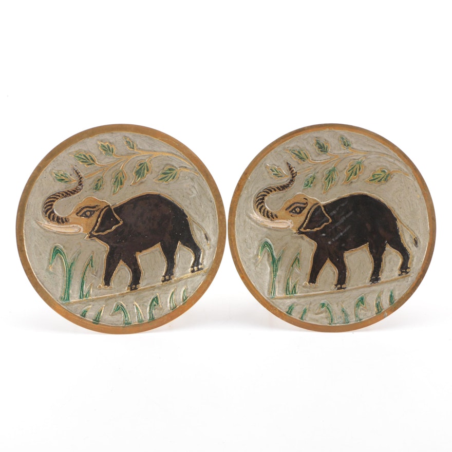 Pair of Painted Brass Plates Depicting Elephants