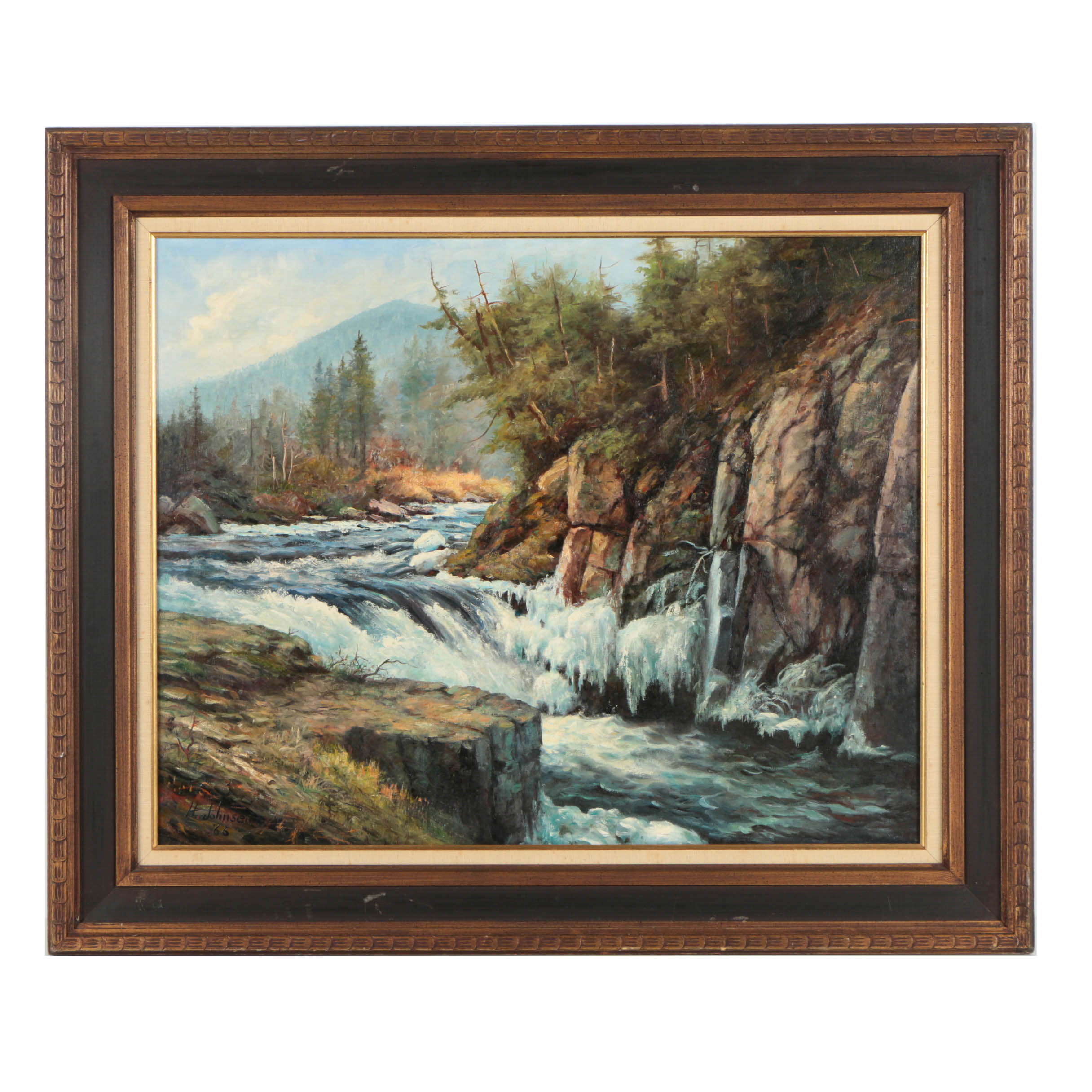 H. Johnsen Oil Painting on Canvas Landscape with a Creek