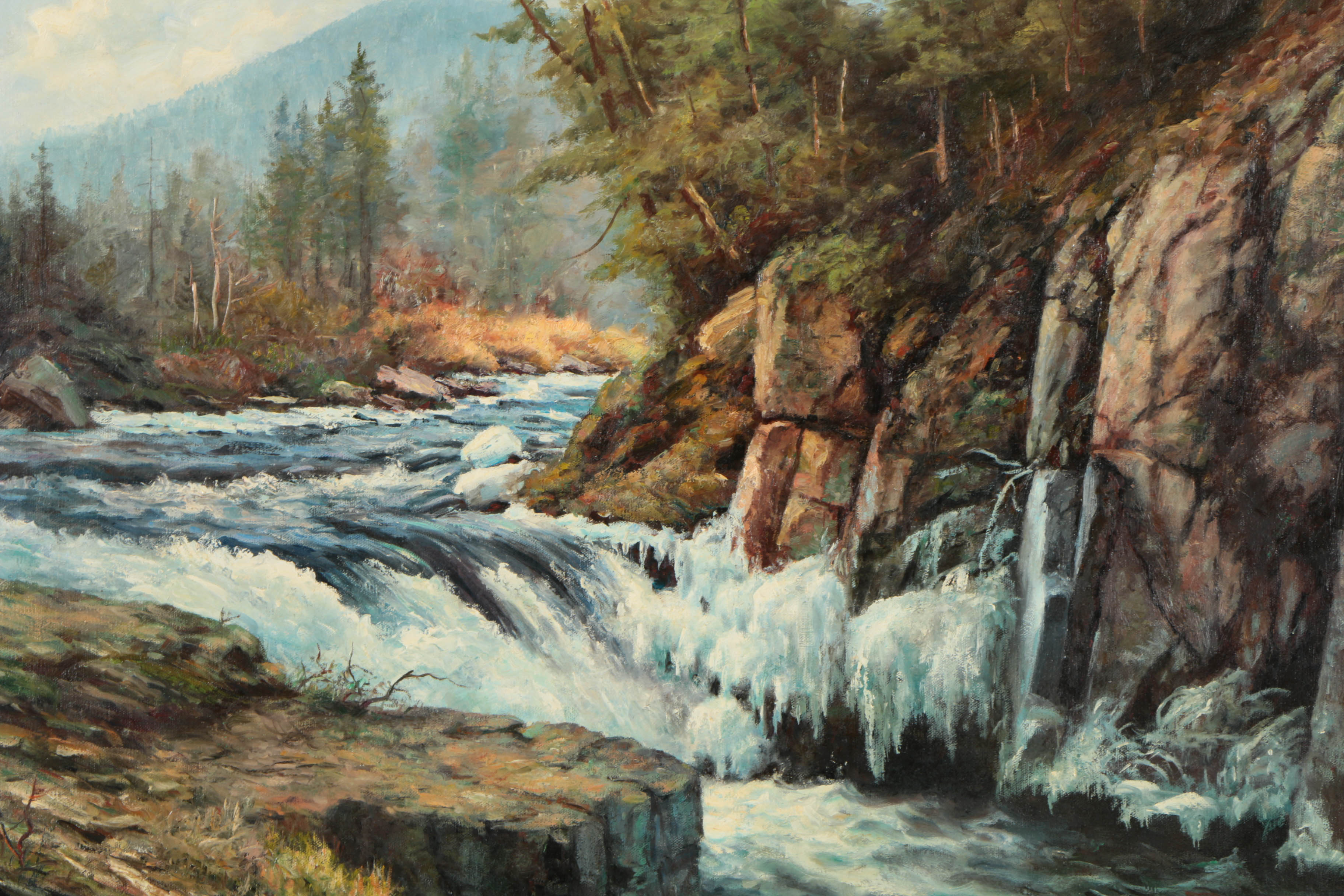 H. Johnsen Oil Painting on Canvas Landscape with a Creek